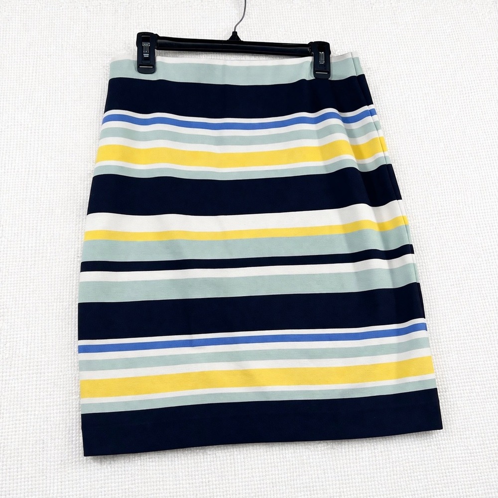 Ann Taylor Factory Womens Size 10 Striped Pencil Skirt Navy Blue Yellow Knit